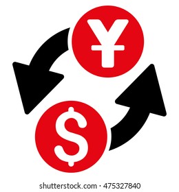 Dollar Yuan Exchange icon. Vector style is bicolor flat iconic symbol with rounded angles, intensive red and black colors, white background.