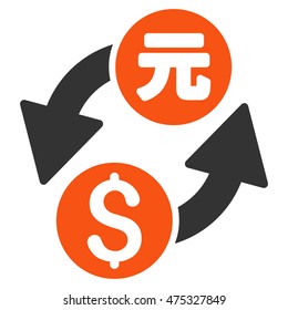Dollar Yuan Exchange icon. Vector style is bicolor flat iconic symbol with rounded angles, orange and gray colors, white background.