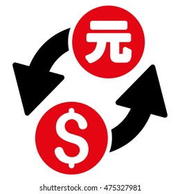 Dollar Yuan Exchange icon. Vector style is bicolor flat iconic symbol with rounded angles, intensive red and black colors, white background.