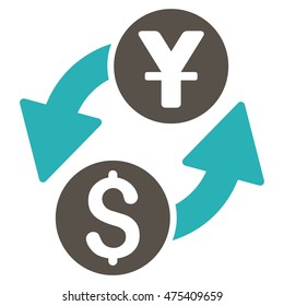 Dollar Yuan Exchange icon. Vector style is bicolor flat iconic symbol with rounded angles, grey and cyan colors, white background.