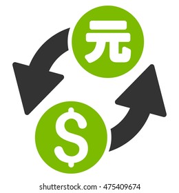 Dollar Yuan Exchange icon. Vector style is bicolor flat iconic symbol with rounded angles, eco green and gray colors, white background.