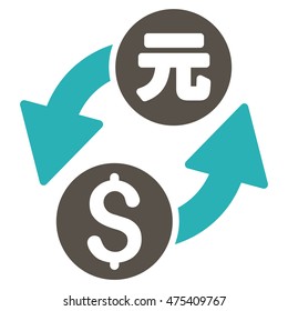 Dollar Yuan Exchange icon. Vector style is bicolor flat iconic symbol with rounded angles, grey and cyan colors, white background.