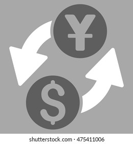 Dollar Yuan Exchange icon. Vector style is bicolor flat iconic symbol with rounded angles, dark gray and white colors, silver background.