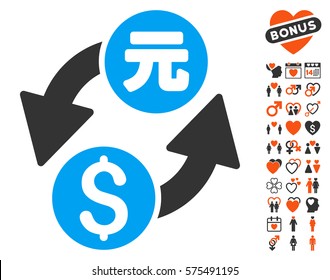 Dollar Yuan Exchange pictograph with bonus dating icon set. Vector illustration style is flat iconic symbols for web design, app user interfaces.