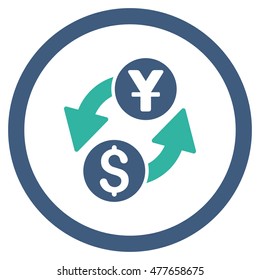 Dollar Yuan Exchange rounded icon. Vector illustration style is flat iconic bicolor symbol, cobalt and cyan colors, white background.