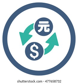 Dollar Yuan Exchange rounded icon. Vector illustration style is flat iconic bicolor symbol, cobalt and cyan colors, white background.