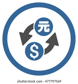Dollar Yuan Exchange rounded icon. Vector illustration style is flat iconic bicolor symbol, cobalt and gray colors, white background.