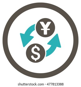 Dollar Yuan Exchange rounded icon. Vector illustration style is flat iconic bicolor symbol, grey and cyan colors, white background.