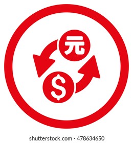 Dollar Yuan Exchange rounded icon. Vector illustration style is flat iconic symbol, red color, white background.