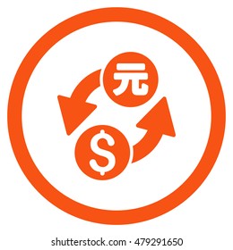 Dollar Yuan Exchange rounded icon. Vector illustration style is flat iconic symbol, orange color, white background.