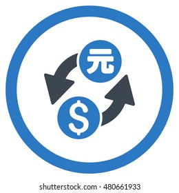 Dollar Yuan Exchange rounded icon. Vector illustration style is flat iconic bicolor symbol, smooth blue colors, white background.