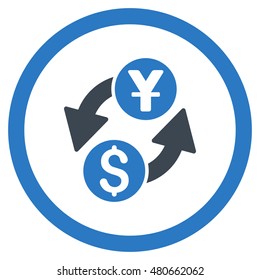 Dollar Yuan Exchange rounded icon. Vector illustration style is flat iconic bicolor symbol, smooth blue colors, white background.