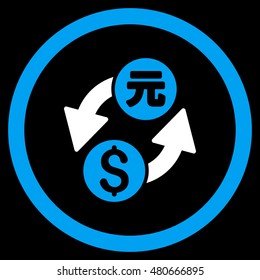 Dollar Yuan Exchange rounded icon. Vector illustration style is flat iconic bicolor symbol, blue and white colors, black background.