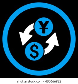 Dollar Yuan Exchange rounded icon. Vector illustration style is flat iconic bicolor symbol, blue and white colors, black background.