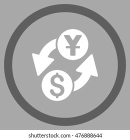 Dollar Yuan Exchange vector bicolor rounded icon. Image style is a flat icon symbol inside a circle, dark gray and white colors, silver background.