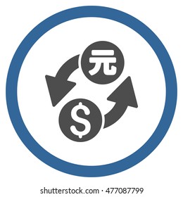 Dollar Yuan Exchange vector bicolor rounded icon. Image style is a flat icon symbol inside a circle, cobalt and gray colors, white background.