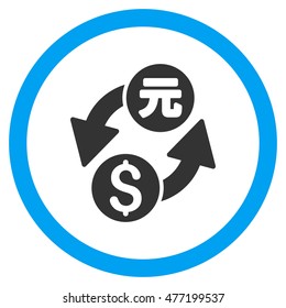 Dollar Yuan Exchange vector bicolor rounded icon. Image style is a flat icon symbol inside a circle, blue and gray colors, white background.