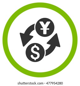 Dollar Yuan Exchange vector bicolor rounded icon. Image style is a flat icon symbol inside a circle, eco green and gray colors, white background.