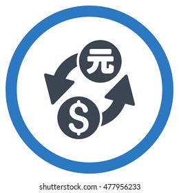 Dollar Yuan Exchange vector bicolor rounded icon. Image style is a flat icon symbol inside a circle, smooth blue colors, white background.