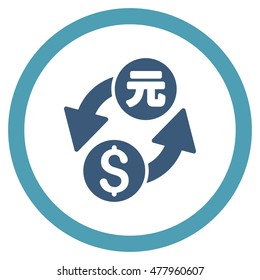 Dollar Yuan Exchange vector bicolor rounded icon. Image style is a flat icon symbol inside a circle, cyan and blue colors, white background.