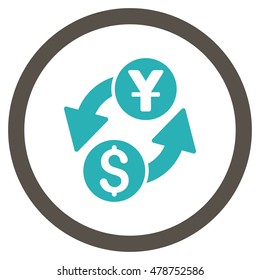 Dollar Yuan Exchange vector bicolor rounded icon. Image style is a flat icon symbol inside a circle, grey and cyan colors, white background.