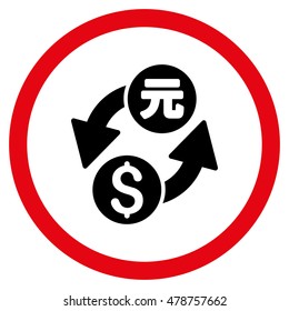 Dollar Yuan Exchange vector bicolor rounded icon. Image style is a flat icon symbol inside a circle, intensive red and black colors, white background.