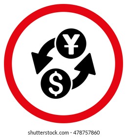 Dollar Yuan Exchange vector bicolor rounded icon. Image style is a flat icon symbol inside a circle, intensive red and black colors, white background.