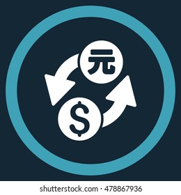 Dollar Yuan Exchange vector bicolor rounded icon. Image style is a flat icon symbol inside a circle, blue and white colors, dark blue background.