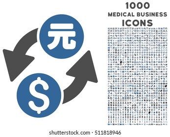 Dollar Yuan Exchange vector bicolor icon with 1000 medical business icons. Set style is flat pictograms, cobalt and gray colors, white background.