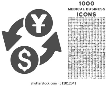 Dollar Yuan Exchange vector icon with 1000 medical business icons. Set style is flat pictograms, gray color, white background.