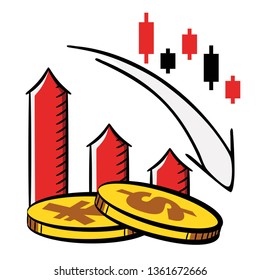 Dollar, Yuan, Yen, japanese candles, Currency pair. Decline schedule, decline. Sketch-Style Icon. Symbol. Sign. Stock Vector Illustration. Transparent. White Isolated.
