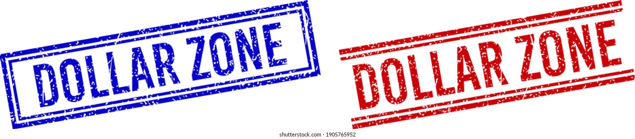 DOLLAR ZONE rubber imprints with grunge texture. Vectors designed with double lines, in blue and red versions. Text placed inside double rectangle frame and parallel lines.