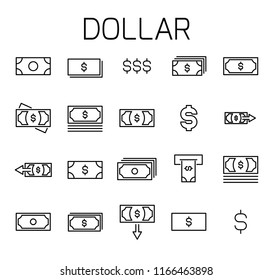 Dollarl related vector icon set. Well-crafted sign in thin line style with editable stroke. Vector symbols isolated on a white background. Simple pictograms.