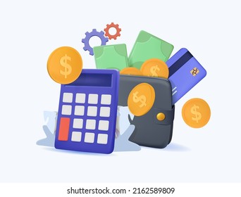 Dollars 3D icon render isolated on white. Taxes, Economy background. Budget management, business concept. Finances Wallet with billfold and calculator with credit card, coins. 3D money Web Vector