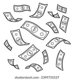 Dollars are in the air. Paper bills fly, levitation. Black and white vector illustration, background, icon, coloring page.