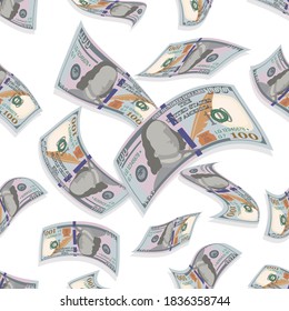 Dollars background. Hundred Dollar Bills flying. Vector money seamless pattern, white background. 