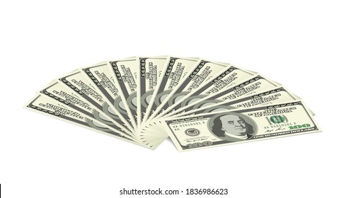 Pila de abanicos de billetes en dólares. La cuenta de dinero estadounidense aislada. Pila de dinero real aislada de fondo blanco. Ilustración vectorial de plantilla