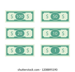 Dollars banknote of set. 100 and 50 bill. Vector banknote money cash, finance one hundred and ten illustration