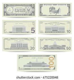 Dollars Banknote Set Vector. Cartoon US Currency. Flip Side Of American Money Bill Isolated Illustration. Cash Dollar Symbol. Every Denomination Of US Currency Note.