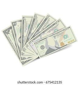 Dollars Banknote Stack Vector. American Money Bill Isolated Illustration. Realistic Money Stacks Concept. Cash Symbol Dollars. Every Denomination Of US Currency Note.