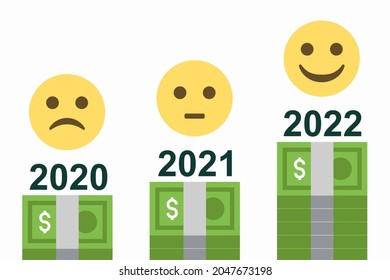 dollars banknotes columns with upward trend and years 2020,2021 and 2022 text with emoji faces on white background,business and economic recovery concept,vector illustration