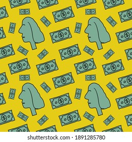 Dollars banknotes seamless pattern background Benjamin Franklin logo icon sign Doodle cartoon design