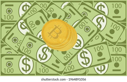 Diseño de concepto de dólares y bitcoines.Criptodivisa de bitcoin. Ilustración vectorial aislada. Ilustración conceptual. Símbolo de éxito. Concepto de inversión.