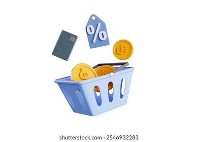 Dollars in blue shopping cart, coupons and credit cards floating in the air, shopping concept, 3D rendering.
