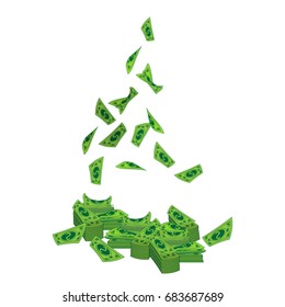 Dollars a bundle and fly from above. On white isolated background. Illustration for your design.