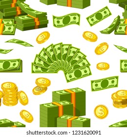 Dollars and cents money banknotes and golden cents coins icons seamless pattern. Vector paper and coin money piles and heaps for banking finance business or casino poker jackpot cash win game