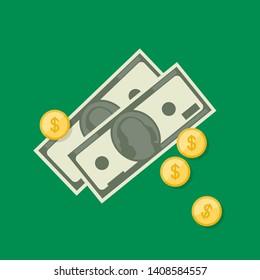 Dollars and coins icons in flat style. Financial background with money.