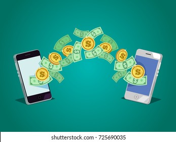 Dollars and coins money currency send from one smartphone to another. Online transaction concept. Vector flat cartoon illustration