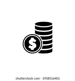 Monedas En Dólares Pilas, Riqueza, Dinero. Icono de vector plano. Sencillo símbolo negro sobre fondo blanco. Plantilla de diseño de firmas de monedas en dólares Stack, Wealth, Money para elementos de interfaz de usuario web y móvil.