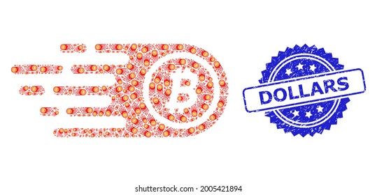 Dollars dirty stamp seal and vector fractal collage bitcoin. Blue seal includes Dollars tag inside rosette. Vector collage is composed from scattered rotated bitcoin pictograms.